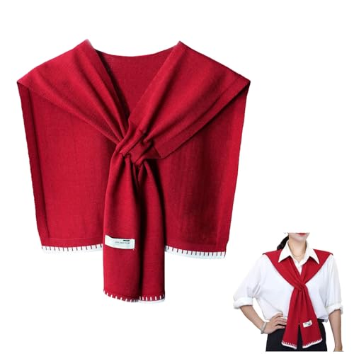 Sweater Shawl Wraps for Women Fashion Knitted Shoulder Shawls Ponchos Casual Sweaters Scarf Cape Wraps with Sleeves - color: 13 Brike Red/White Edge