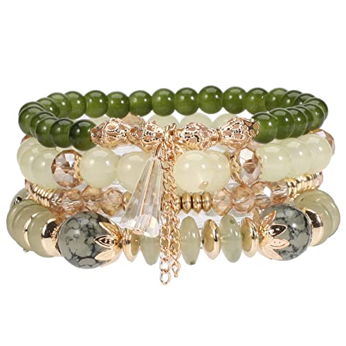 Bohemia Multilayer Beaded Stretch Bracelets Set Colorful Crystal Glass Beads Summer Elastic Bracelets for Women Beach Holiday - color: Green