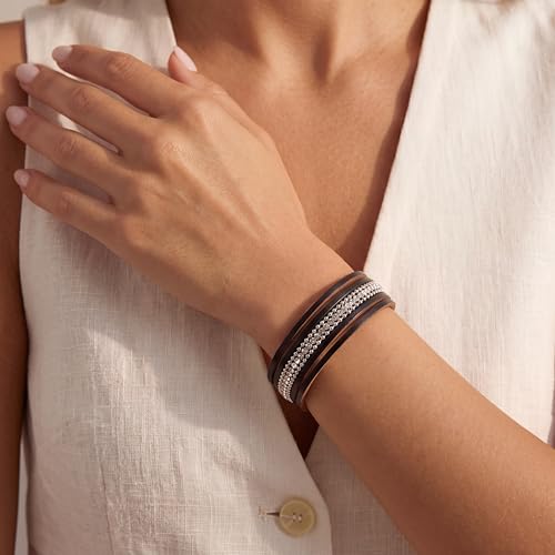 Edoneery Leather Wrap Bracelet for Women, Boho Handmade Multi-Layer Cuff with Crystal Beads Heart, Stackable Bangle Western Jewelry Gift - style: Rhinestone(Black)