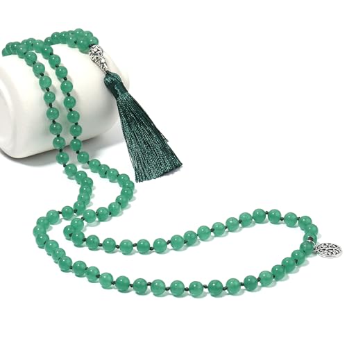 108 Mala Beads Necklace Semi-Precious Gem Stones Meditation Necklace 108 Hand Knotted Japa Mala Beaded Tassel Necklace with Tree of Life Pendant - color: Green Aventurine
