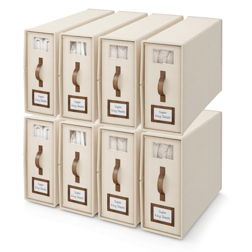 8 Pack Bed Sheets Organizers And Storage,Sheets Set Folder Keeper with Handle,Foldable Bedding Storage Box For Linen Closet,Duvet Cover(Cal King Size-5.2 Gal,Beige) - color: Beige, size: 8 Pack-Cal King Size-5.2 Gal