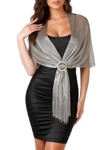 Sumolux Shawls Wraps for Evening Dresses Metallic Glitter Shawls Scarf for Women Sparkling Wedding with Free Buckle - color: Dark Grey With Gold Threads