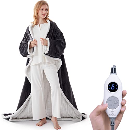 Westinghouse Electric Snuggle Throw Blankets with Foot Pocket, Wearable Heated Blanket with Sleeves, 6 Heating Levels & 2 to 10 Hours Heating Time Settings, 50 * 70"+18", Grey - color: Grey&ivory, size: 70*50" Heated Snuggle Blanket