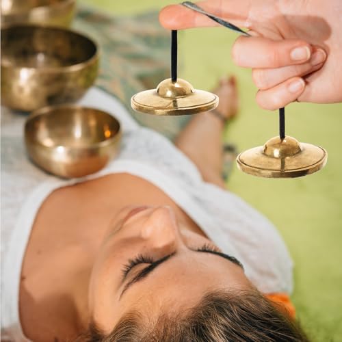 Boao Tibetan Bells Tingsha Cymbals Meditation Chime Bells with Tibetan Drawstring Cloth Bag, 6.3 cm Yoga Finger Meditation Chime for Percussion Instrument(Smooth Embossed)