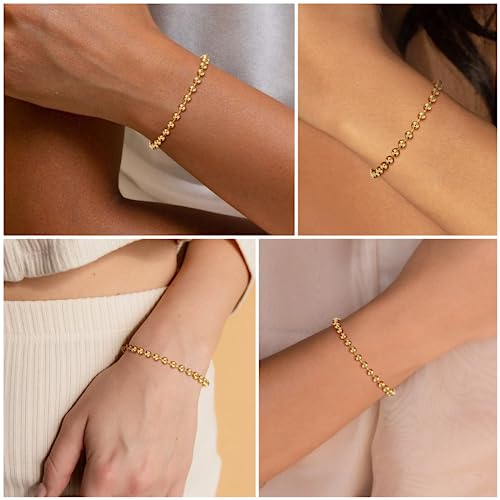 3mm Diamond Classic Tennis Bracelet for Women Dainty, Gold Jesus Cross Bracelets Trendy, 14K Gold Plated Heart/Evil Eye/Pearl/Starfish & Seashell Charm Bracelets for Women Bulk - style: Beaded-Gold