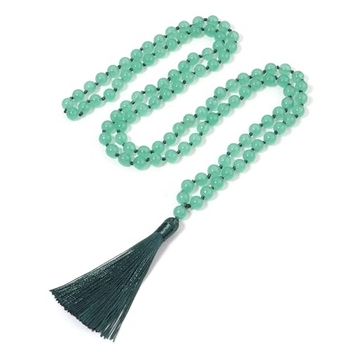 8MM Beads Chakra Long Mala Necklace Natural Stone Meditation Statement Necklace Japa Yoga Buddhist Rosary Prayer Charm Beaded Tassel Necklace - color: Green Aventurine