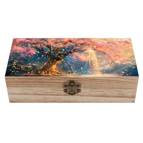 Cherry Blossom Tree Vintage Wooden Storage Box with Hinged Lid – Rustic Natural Wood Keepsake Box for Jewelry, Trinkets, And Photos – Decorative Small Chest Organizer (7.9" X 3.9" X 2.3") - color: black-3