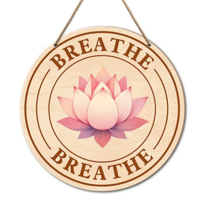 Meditation Room Sign Wall Decor, Meditation Lotus Flower Decor for Home Living Room Bedroom, Yoga Studio Spiritual Room Zen Den Hanging Sign Decorations, Gifts for Women Yoga Lover, Breathe