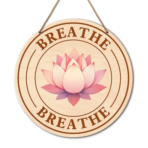 Meditation Room Sign Wall Decor, Meditation Lotus Flower Decor for Home Living Room Bedroom, Yoga Studio Spiritual Room Zen Den Hanging Sign Decorations, Gifts for Women Yoga Lover, Breathe
