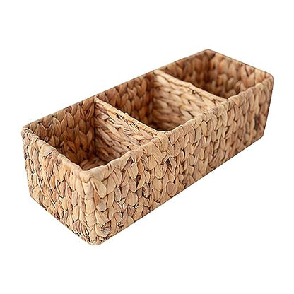 3-Section Wicker Baskets Storage Bin, Water Hyacinth Storage Basket, Handwoven Desk Organizer, Toilet Paper Container, Rectangle Holder for Counter Top Toilet
