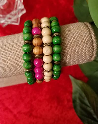 Handmade Beaded Cuff Bracelet - color: tri color wood