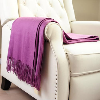 CUDDLE DREAMS Premium Cashmere Throw Blanket with Fringe, Luxuriously Soft (Plum) - color: Plum