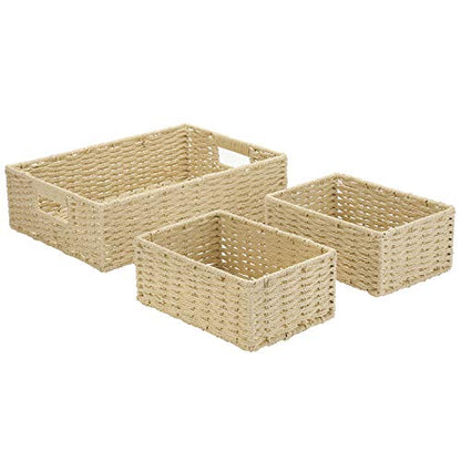 MyGift Beige Woven Small Storage Tray for Organizing, Multipurpose Nesting Basket Bin, Set of 3