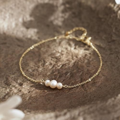 SLOONG Gold Pearl Bracelets for Women Trendy, 14K Gold Plated Dainty Stackable Layered Chain Bridesmaid Bracelets, Waterproof Wedding Jewelry for Women Adjustable 6"+2" - color: Style4(Pearl)