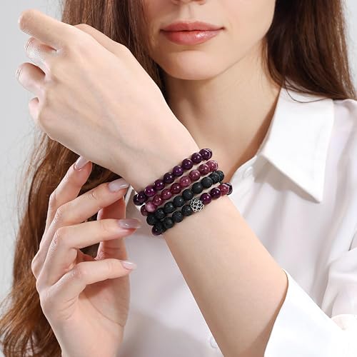 Fengling 4 PCS Beaded Crystal Bracelet for Women 8mm Natural Gemstones Handmade Bracelet for Girls Healing Stretch Bracelets Crystal Jewelry for Women Gifts - color: Jade Marrow Deep Purple & Strawberry Crystal k & Lava Rock