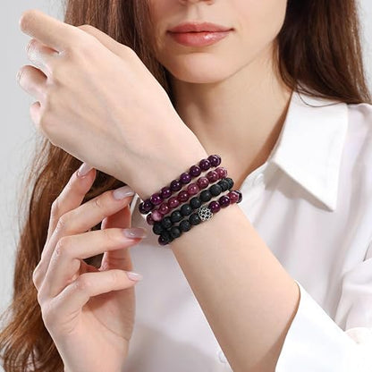 Fengling 4 PCS Beaded Crystal Bracelet for Women 8mm Natural Gemstones Handmade Bracelet for Girls Healing Stretch Bracelets Crystal Jewelry for Women Gifts - color: Jade Marrow Deep Purple & Strawberry Crystal k & Lava Rock