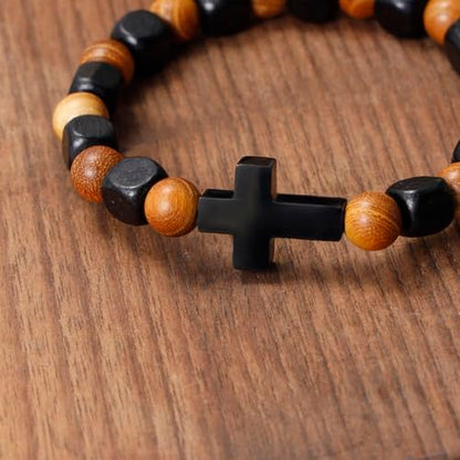 MILAKOO Wooden Bracelet with Black Stainless Steel Cross Charms Bead Christian Gifts for Women Men - color: C5