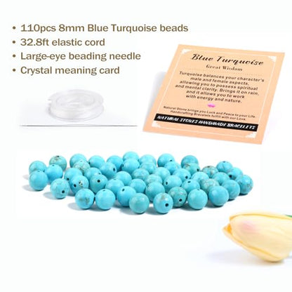 AD Beads 8mm Natural Round Loose Beads 110 Pieces, for Making 108 Mala Prayer Beads Necklace, Bracelet & Yoga Meditation, Jewelry Design （Blue Turquoise） - color: Blue Turquoise, size: 8mm-110pcs