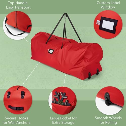Holiday Cheer Christmas Tree Storage Bag with Wheels – Heavy Duty Christmas Tree Bag Fits Up to 7.5ft Tall Artificial Christmas Tree, Waterproof, Durable Handles & Zipper – Xmas Tree Storage Bag (Red)