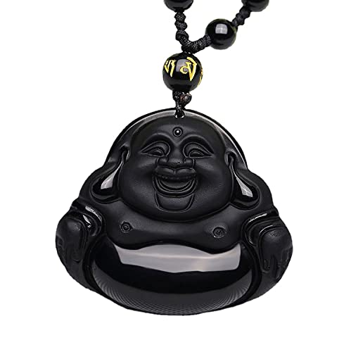 Natural black obsidian rainbow obisidan ice obsidian Maitreya launghing buddha necklace Amulet pendant bead chain - color: black obsidian Big belly buddha