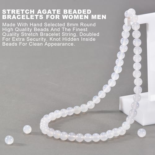 14in Agate Wrap Bracelet for Women Men Natural Round Beaded Agates Stone Healing Stretch Bracelets Elastic Handmade Polished Gemstone Beads Bracelet - color: White, size: 8mm Beads