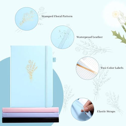 Lined Journal Notebook for Women Cute Leather Journaling Notebooks for Writing 192 Pages A5 Hardcover Aesthetic Floral Diary, 5.7 x 8.3 in, Blue - color: Blue