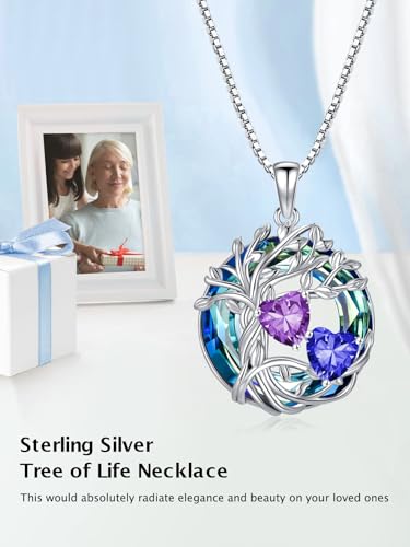 TOUPOP s925 Sterling Silver Family Celtic Tree of Life Pendant Necklaces with 2 Heart Birthstone with Blue Austrian Crystal Jewelry Birthday Valentines Day Gifts for Her, Anniversary Christmas Gifts for Wife Girlfriend Mom (18K Real White Gold Filled) - c