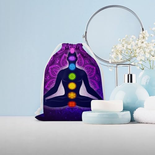 Teeth Dental Seamless Pattern Double Sided Printed Canvas Drawstring Storage Bag - color: Seven Chakra Yoga Meditation Lotus Purple Man, size: 12*18cm
