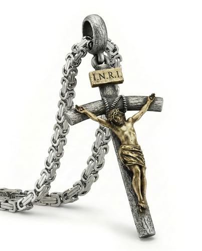 Catholic Crucifix Necklace for Men and Women, Exquisite Medium/Large Crucifix Pendant, Vintage Gold&Silver Tone, Faith Jewelry with Luxury Gift Box - color: Vintage Gold Silver, size: 22 Inch=56CM(Most Popular Choice), style: Medium Pendant