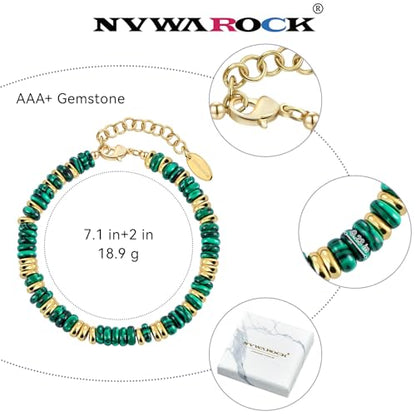 Beaded Bracelet for Women and Girl, Colorful Beach Boho Gems Bracelet 14K Gold Plated Stackable Handmade Bohemian Multicolor Natural Stone Bracelet - color: Malachite