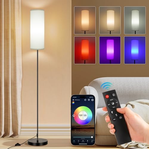 FRIDEKO HOME Floor Lamp, Color Changing Ambient Lighting for Living Room & Gaming Decor, Smart Standing Lamp with App & Remote Control, Tall Corner Lamp for Bedroom, 9W 800LM, Foot Switch, White Shade - color: White 1_Pack