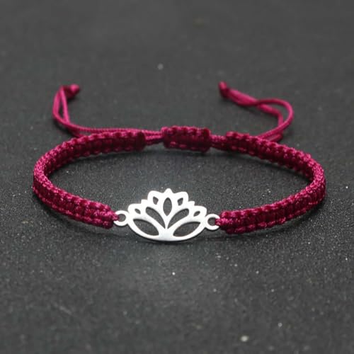 Lotus Symbol Bracelet for Women - Adjustable Cord, Silver Pendant, Spiritual Jewelry Gift - style: Maroon Red