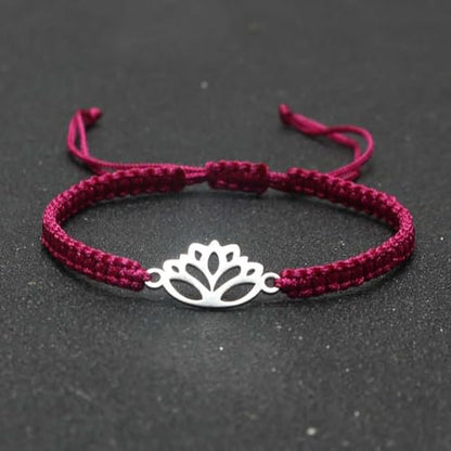 Lotus Symbol Bracelet for Women - Adjustable Cord, Silver Pendant, Spiritual Jewelry Gift - style: Maroon Red
