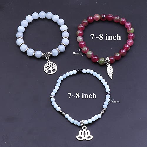 Tree of Life Yoga Healing Stone Bracelets,Multilayer Lotus Chakra Stone Reiki Bracelet Sets,Anxiety Crystal Natural Stone,for Women Stress Relief - style: Aquamarine + Tourmaline