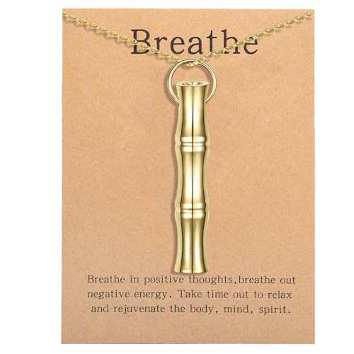 COTATI Anxiety Breathing Necklace Breathe Easy Mindfulness Necklace Stainless Steel Pendant for Women Men Natural Calm & Stress Relief - color: Gold-bamboo