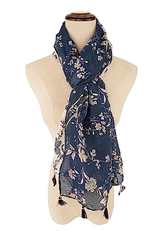 YOUR SMILE Large Boho Scarf for Women Lightweight Floral Printed Scarves Fall Winter Fashion Fringed Shawl wraps - color: 20 Navy/White Flower