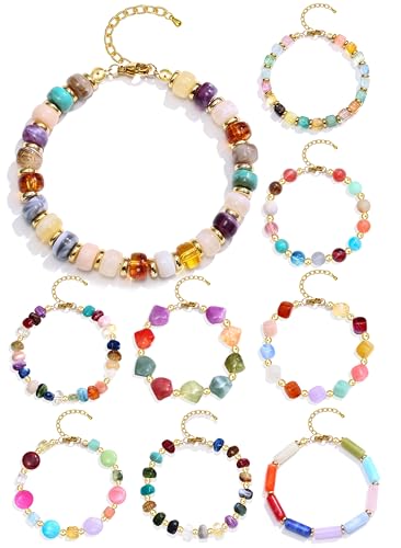 BOMAIL 9PCS Colorful Beaded Bracelets for Women Boho Multicolor Acrylic Resin Beads Bracelets Set Adjustable Statement Bracelet Summer Beaded Jewelry