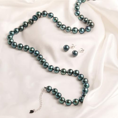 Tahitian Cultured Black Pearl Necklace & Earrings Set | 7.5-8mm Round Exotic Pearls with 925 Sterling Silver Clasp | Luxury Jewelry Gift for Wife/Mom/Girlfriend, 18"+2" Extender - color: Necklace & Earrings