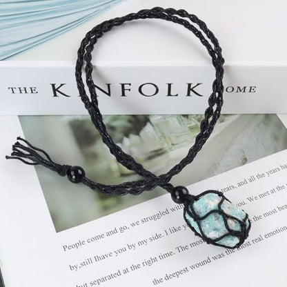 Natural unprocessed crystal raw stone hand woven rope adjustable necklace pendant for both men and women - color: A-Amazonite