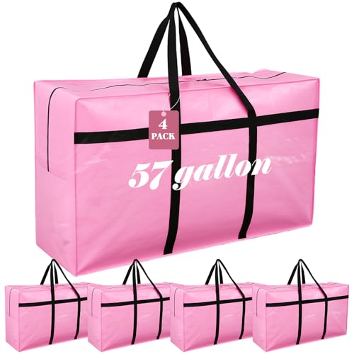 Windyun 4 Pack 57 Gallon Extra Large Moving Bags XXL Heavy Duty Storage Bag with Strong Zipper Handle Jumbo Big Tote Box Foldable for College Dorm Travel Clothes Duffle Blanket Pillow(Pink) - color: Pink, size: 57 Gallon