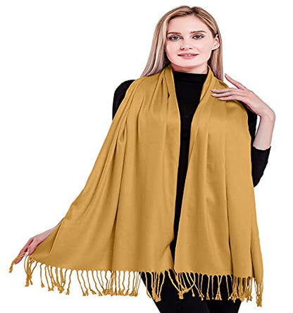 CJ Apparel Solid Color Tassels Design Nepalese Shawl Scarf Wrap Stole Throw Head Wrap Pashmina Gift Hand Made in Nepal New - color: Light Gold Mix