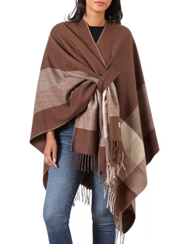 Women's Elegant Shawl Wraps, Soft Open Front Poncho Cape, Reversible Casual Cardigan Shawls for Gift Travel - color: Brown-white