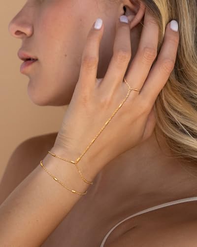 Gold Bracelets for Women, 14K Gold Plated Hand Chain Bracelet for Women Trendy Finger Ring Bracelet Hand Chain Dainty Adjustable Hand Chain Jewelry Gifts for Women - color: layered