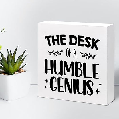 Funny Wooden Box Sign, Humble Genius Humorous Wooden Decor, Plaque for Home Farmhouse Office Desk Shelf - style: Humble