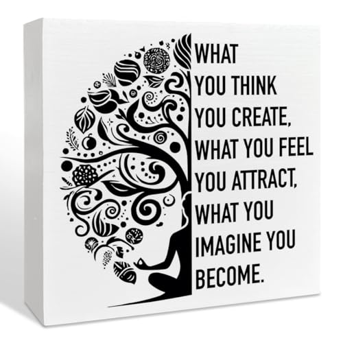 Namaste Meditation Room Desk Wooden Box Sign Decor, Spiritual Zen Den Room Decor, Buddha Quote Yoga Room Wood Box Sign Decorations, Meditation Gifts for Women Men Yoga Lover, What You Think You Create - color: A