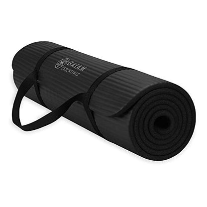 Gaiam Essentials 2/5" Thick (10mm) Yoga & Pilates, Fitness & Exercise Mat with Easy-Cinch Carrier Strap Cusion Support For Fitness and Gym Workouts - color: Black
