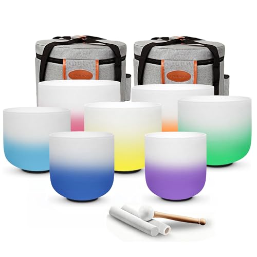 RYAN DVAN 432hz 6-12 Inch Set of 7 Pcs Gradient Design Quartz Crystal Singing Bowl Chakra Set Sound Therapy for Yoga, Reiki, Chakra Healing Energy Tuning & Mindfulness Kit