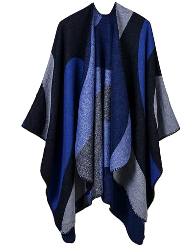 Women's Shawls and Wraps Open Front Poncho Cape Winter Sweater - color: L4-navy +Blue