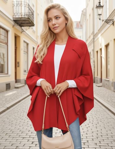 Womens Open Front Poncho Sweater Wrap Topper Knitted Elegant Shawls Cape for Spring Fall Winter - color: Series 1-red