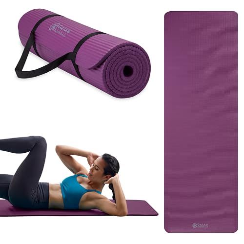 Gaiam Essentials 2/5" Thick (10mm) Yoga & Pilates, Fitness & Exercise Mat with Easy-Cinch Carrier Strap Cusion Support For Fitness and Gym Workouts - color: Purple